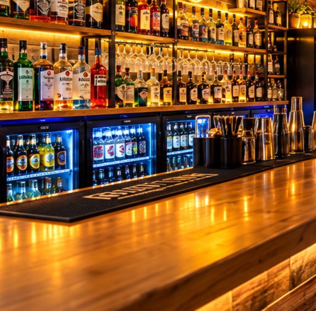 A long backlit bar stocked with spirits, with fridges of beers and mixers below
