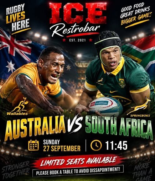 Rugby: Australia vs South Africa, Sunday 27 September, kick-off 11:45 — limited seats, book a table