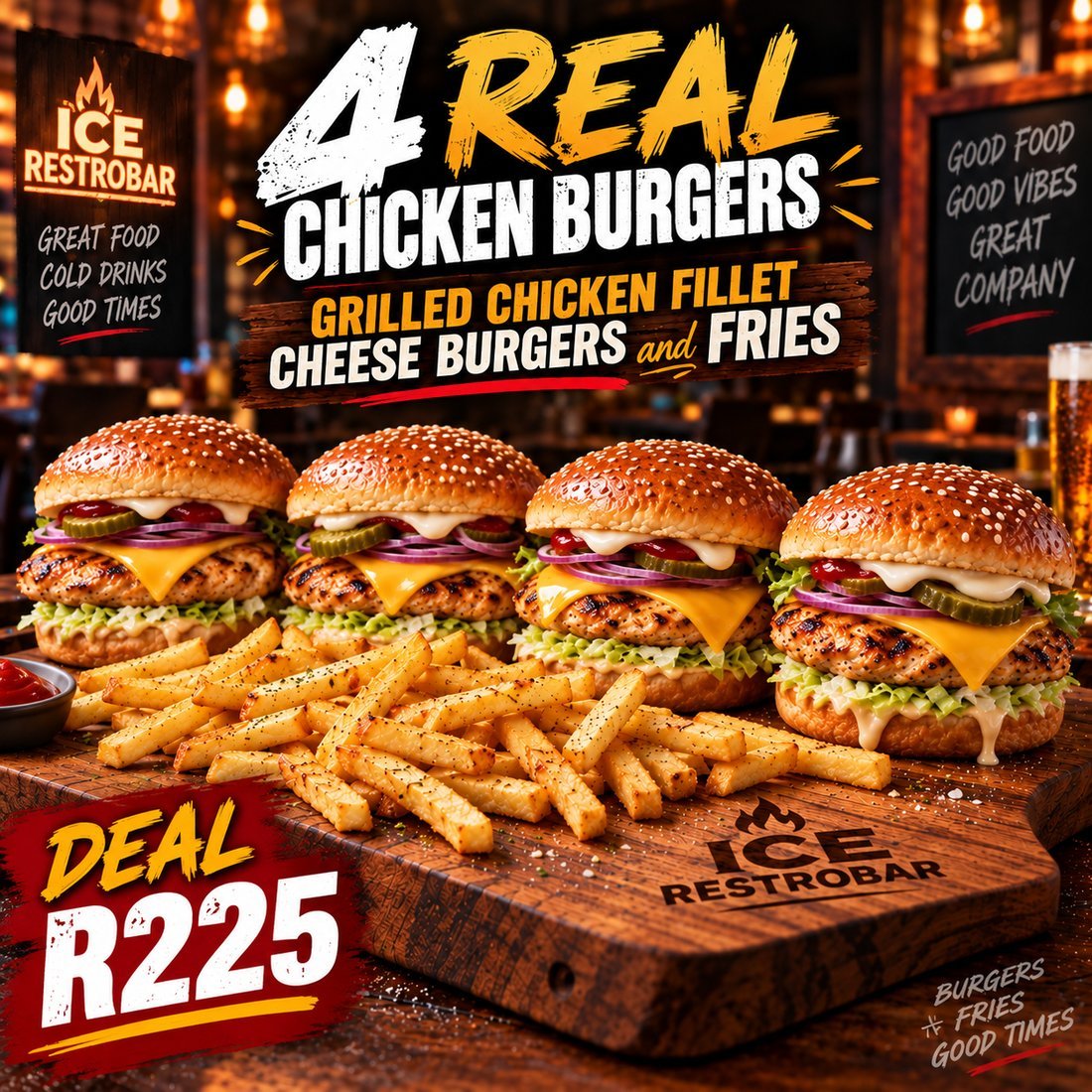4 Real Chicken Burgers deal — grilled chicken fillet cheese burgers and fries, R225