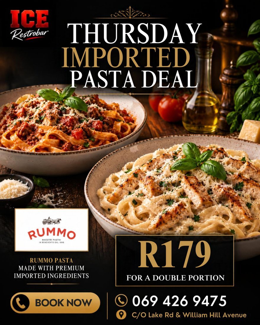 Thursday Imported Pasta Deal — R179 for a double portion, made with Rummo pasta